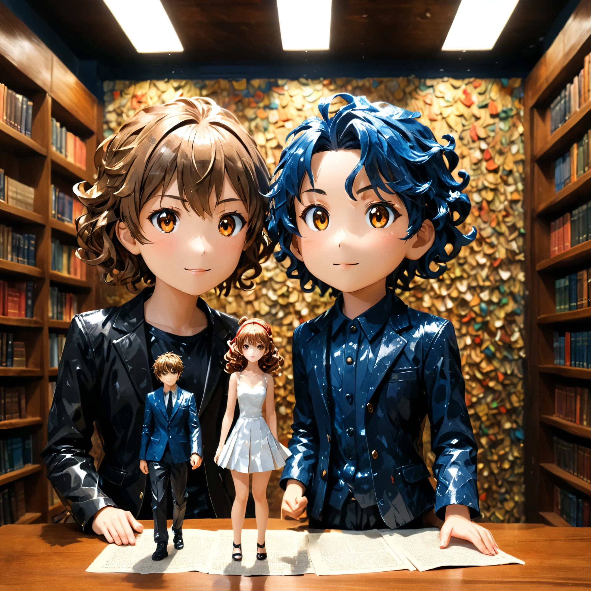 Dynamic Action,in style of Takeshi Obata,front view,full_shot,(illustration),(paper figure),(lococo),((impasto)),(shiny skin),
JK GIRL,1boy,curly hair,library background,absurdres,Cinematic Lighting,reality,realistic,