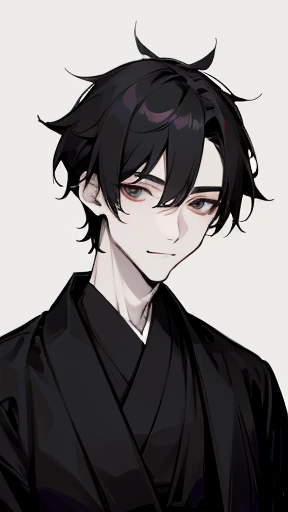 Black kimono from the Taisho period、（Pale-faced man）、（A handsome man who is emaciated due to illness）、Upper Body、Black Hair、looking at the camera、Polite Smile