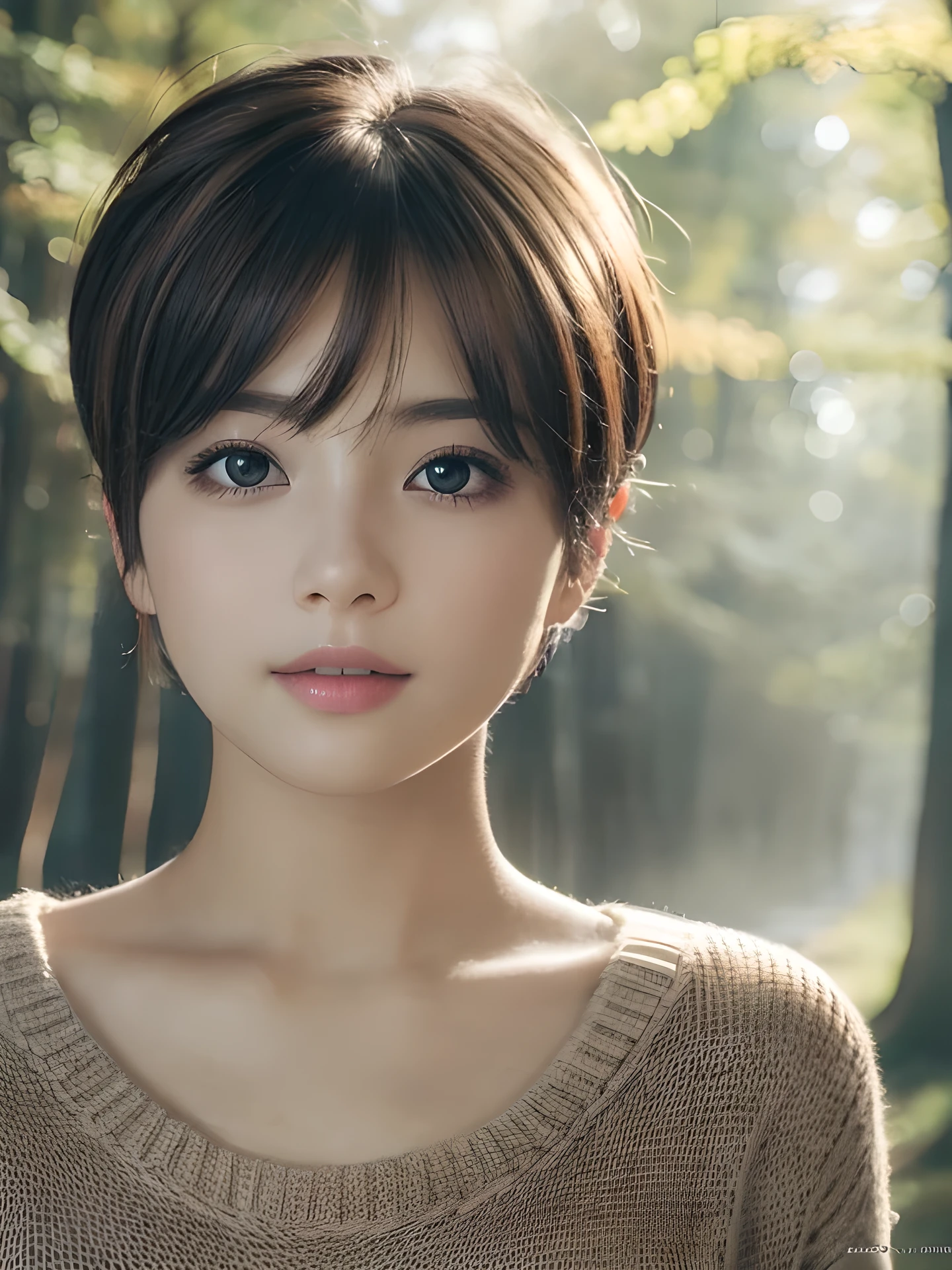 Beautiful Japanese girl, sad, open mouth to say something, shy, Soft skin and a nice perfect face, A small face with a nose and rosy lips, Beautiful Eyes, Beautiful smile. Surrounded by a bright, ethereal glow、 short hairstyle, Tank top, Hyperrealistic female photos, High quality high resolution 8K masterpiece, The morning sunlight shines through the misty forest path,