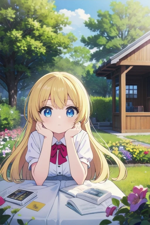 masterpiece, highest quality, High resolution, One 5 year old girl、blue eyes、
blonde,  Braiding、White shirt, Check skirt, White panties、garden、flower bed、Lying on the grass