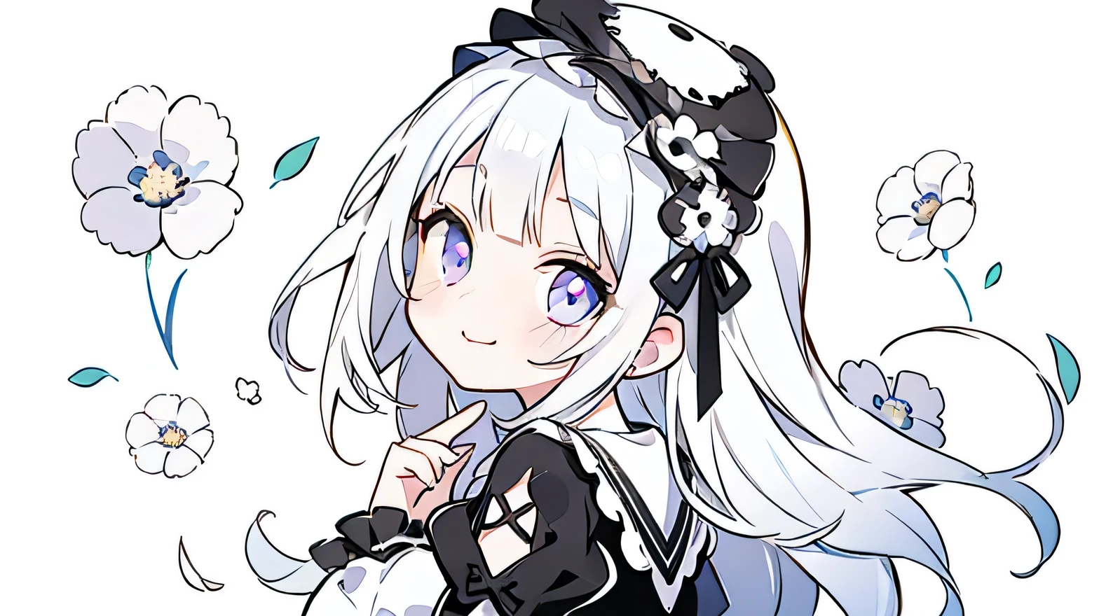 (Very bright:1.1), white background, [1 girl:7], (head tilt:1.2),smile, Silver hair, Silver Eyes, Lolita fashion, ([sketch|watercolor \(Moderate\)]:1.15), (Inkblot:1.1), (pale:1.2), vector trace, Gradient Blending, look back, Bright colors,((colorful)), flower, That&#39;s excellent, very detailed, Complex, (Extremely low contrast:1.4)