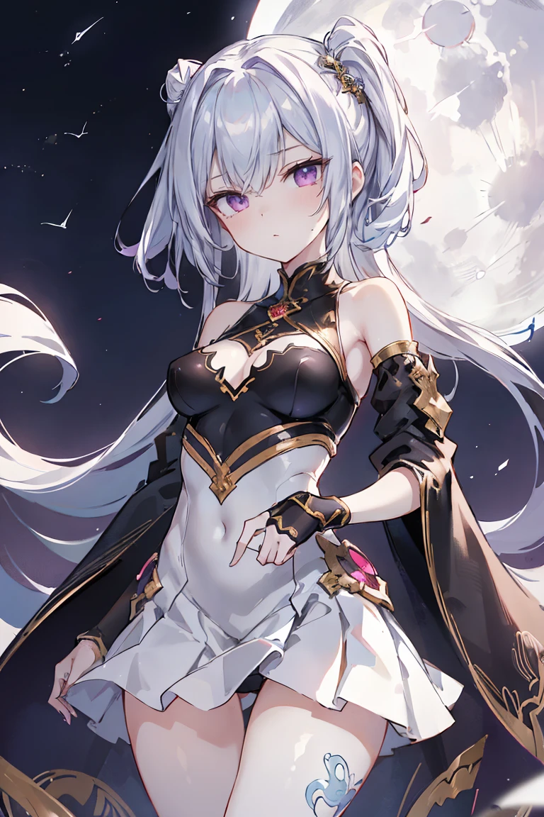 1girl, anime, cute girl, blank background, white background, fantasy, detailed fantasy dress with highlights, beautiful face, beautiful eyes, dark colors, black hair with multicolor streaks, red eye with different color pupil in eye, multicolor eye, medium breasts, slight cleavage, beautiful skin, cute, breast curtains, extremely delicate and beautiful, (beautiful detailed face:1.0), (detailed deep eyes), symmetrical breasts, deep eyes, shiny skin, portrait, slender waist, hips wider than shoulders, thighs, expressionless, young girl, luminous eyes, adorable,(Kpop idol),(aegyo sal:1),(Platinum blonde hair:1),((puffy eye)),Black panty,sexy posture,Superskirt, Ultra-high resolution,Black collar,slim figure, Abdominal y tattoo, womb tattoo,Tight-fitting leg ring,y tattoo on half-body,Bare skin, Armored hand,Hidden fingertips,Hand covered,Arm covered,Fist covered,{{beautiful detailed fingers}}, tufts of hair, moderate beautiful breast:1.0,(masterpiece:1.2), best quality, high-res, HDR, perfect face, intricate armor, delicate blue filigree, intricate filigree, red metalic parts, detailed part, dynamic pose, dynamic lights, cute face, neutral expression, shuimobysim, lotus, hanfu, maxi skirt, dress conservatively 1girl, solo, long blue hair, standing, One lady,14years,((White hair) ,((Normal breasts)), (Shiny purple bodysuit with microskirt),((Fantasy, Moon Night))