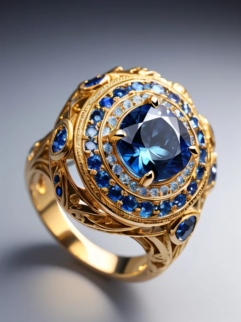 ((masterpiece、highest quality、Very detailed、High resolution、Photorealistic、Sharp focus、Cinema Lighting))、((There is no one))、One ring、Gold and silver rings、Blue Gem、Complex Pattern、Complex and unusual design、Sparkling sapphires decorate this enchanting ring、Beautiful color gradation、Background is marble table surface