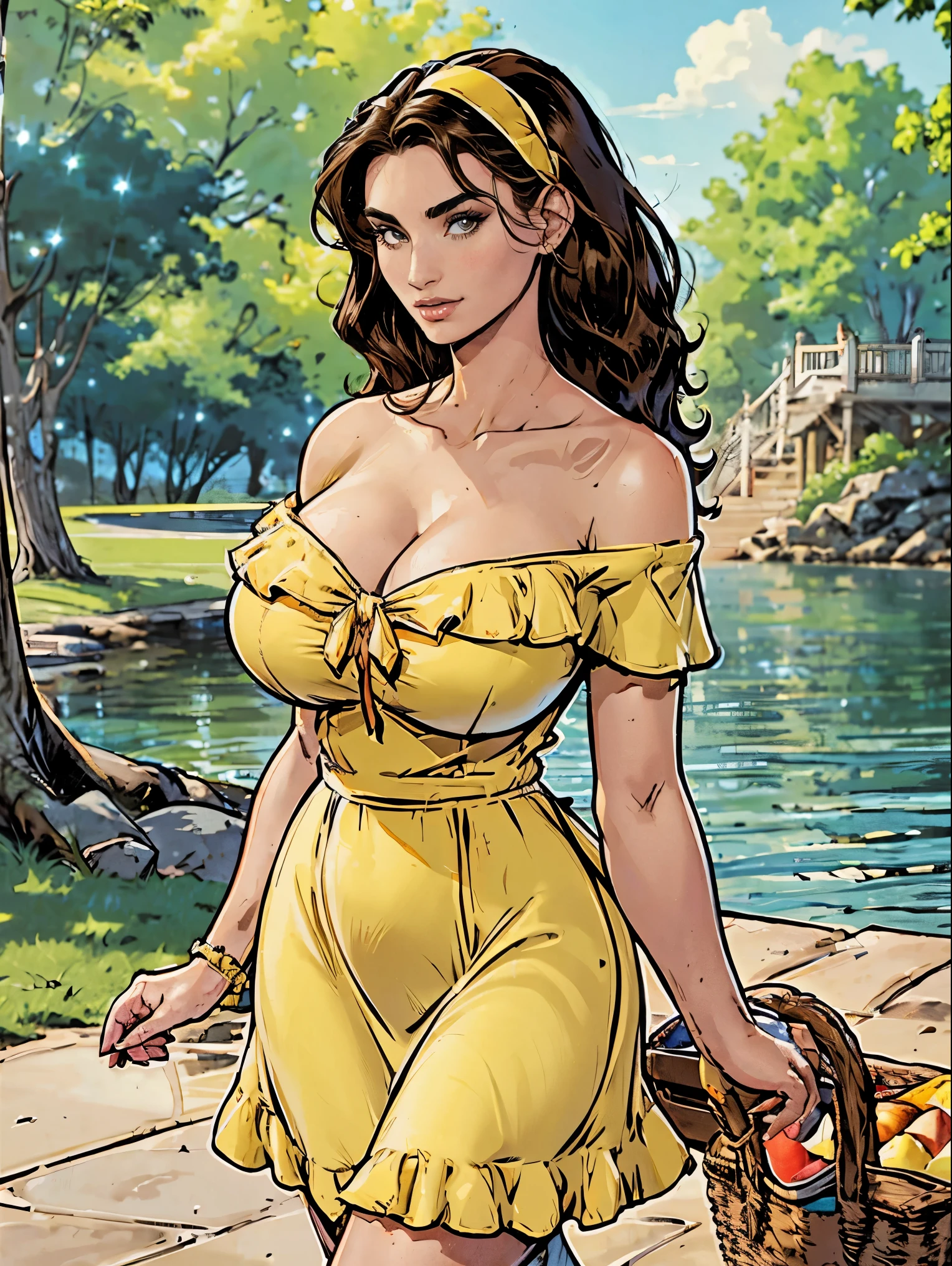 Gorgeous and sultry busty athletic (thin) brunette with sharp facial features and a (large nose) and (huge boobs) wearing a pale yellow off-shoulder ruffled sundress, hairband, long dress, park, lake, picnic