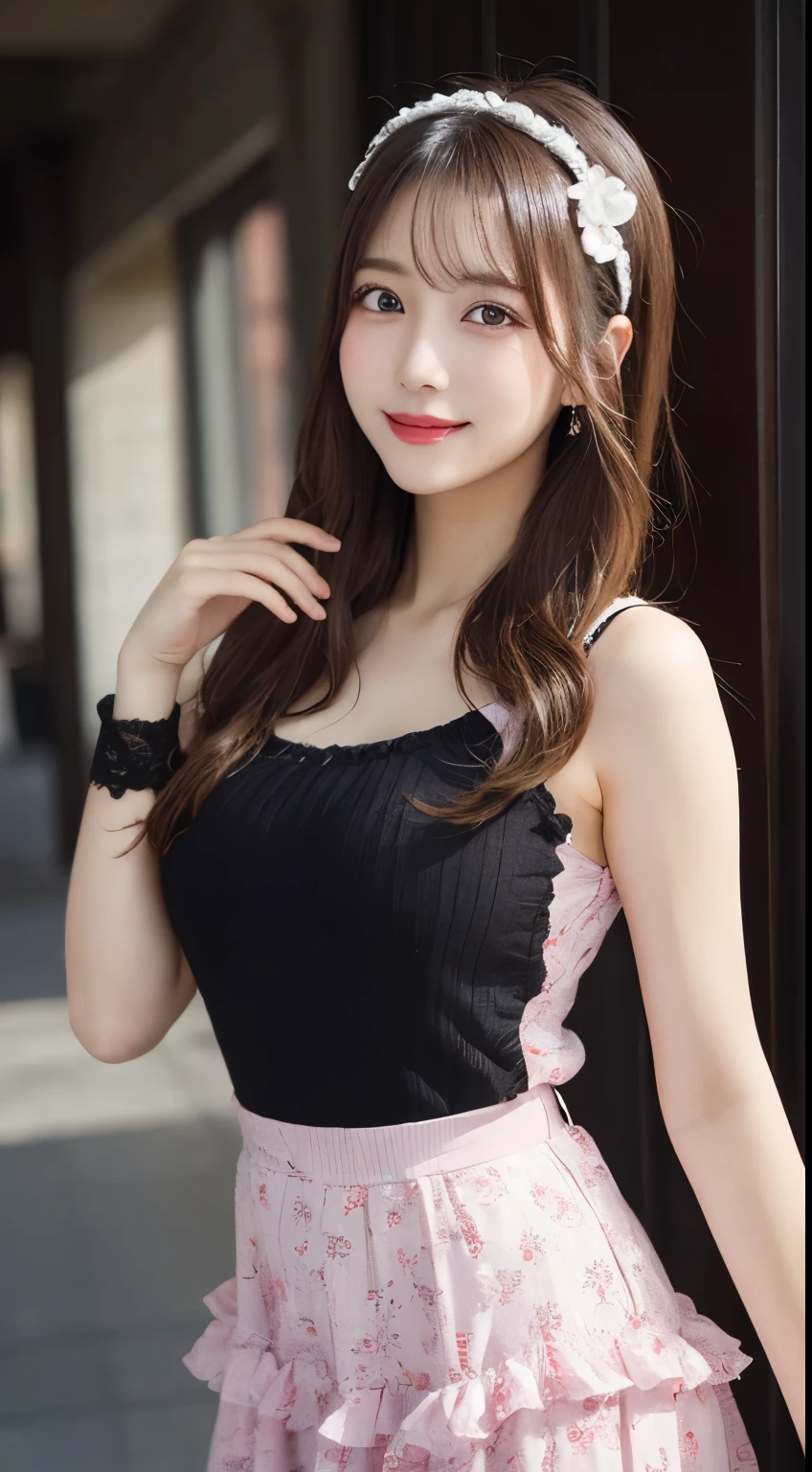 whole body, highest quality, figure, Super detailed, In detail, High resolution, 8k wallpaper, Perfect dynamic composition, Beautiful fine details, Idol Costumes,Medium Hair, Center of chest, Natural color lip, Random sexy poses,smile,studio,Pink short length,Frilly dress,Cute face,Headband,