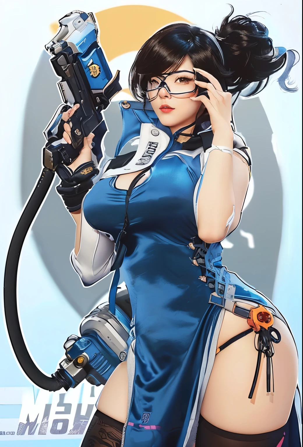 Close-up of cartoon character holding gun, mei from Overwatch, from Overwatch, portrait of mei from Overwatch, Tracer in tight dress, Extremely detailed artger, Inspired by Leng Mei, Overwatch fanart, Overwatch style, pinup of tracer from Overwatch, Overwatch, as an Overwatch character, murata and artgerm series, echo from Overwatch