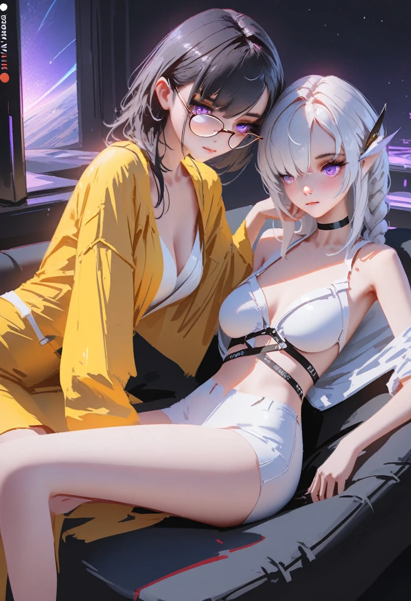 2girls,  (cryptic_g, purple eyes long hair, white clothes, braided hair, silver hair), (kirara, catgirl, black hair, short hair, yellow clothes, hair over one eyes, golden eyes, glasses), sitting on sofa, happy vibes, enjoying night, dark room, sci-fi, space ship, masterpiece, best quality, amazing quality, very aesthetic, absurdres, intricate details, (by wlop:0.3), by rella