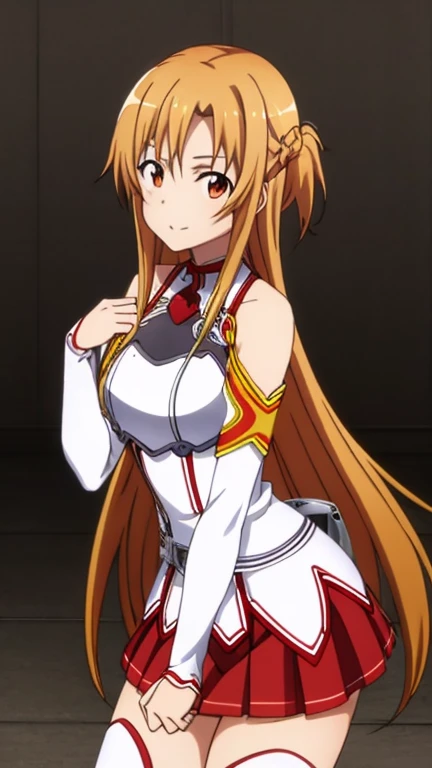 1 chica, solo, obra maestra, mejor calidad, fondo de pantalla 8k, asuna, yuuki asuna, sword art online, estilo anime ecchi, estilo de arte anime moe, Fan art de Marine Kitagawa, pixiv, 3DCG, chica anime seductora, mejor chica anime, diosa del anime, popular en pixiv, hermosa y encantadora adolescente anime, bragas blancas, levantar la falda yo sola, sonrisa,, kotbo, guantes blancos, uniforme blanco, botas blancas, falda roja, correas rojas, espada delgada