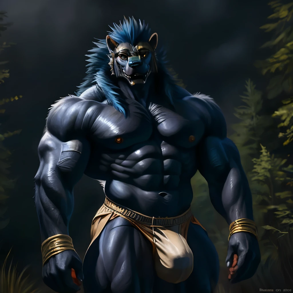 (Apollomon), nipples, big mane, dark teal mane, black body, smug seductive face, topless, big bodybuilder body, muscular male, muscular, detailed muscles, detailed fur, bright fur, bright body, night, bulge, detailed face, high detailed, high resolution, underwear, high quality, detailed eyes, detailed background, forest background, detailed muscular abs, huge muscular pecs, huge muscular biceps, thick muscular thighs, anthro, loincloth, male, manly, masculine, full portrait, by bomb, by chunie, by bruteandbrawn, by personalami, by kenket, (intricate, high detail, film photography, soft focus, RAW candid cinema, photorealism, realistic, photorealistic, analog style, subsurface scattering, masterpiece, best quality, ultra realistic, 8k)