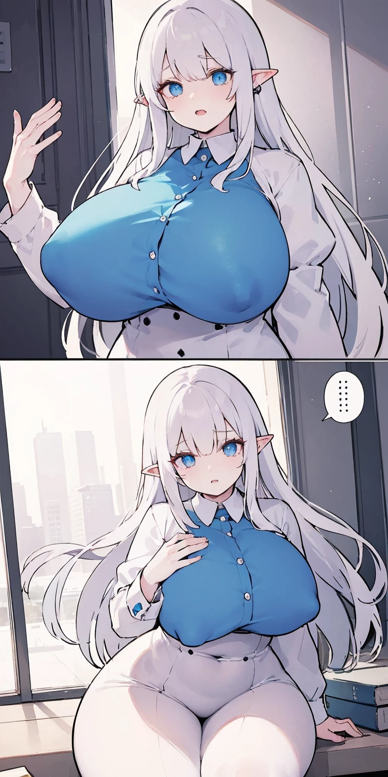 Big, blue skin color, white hair, blue ayes, pointy ears, hyper realistic, ultra detail, high res, big knockers