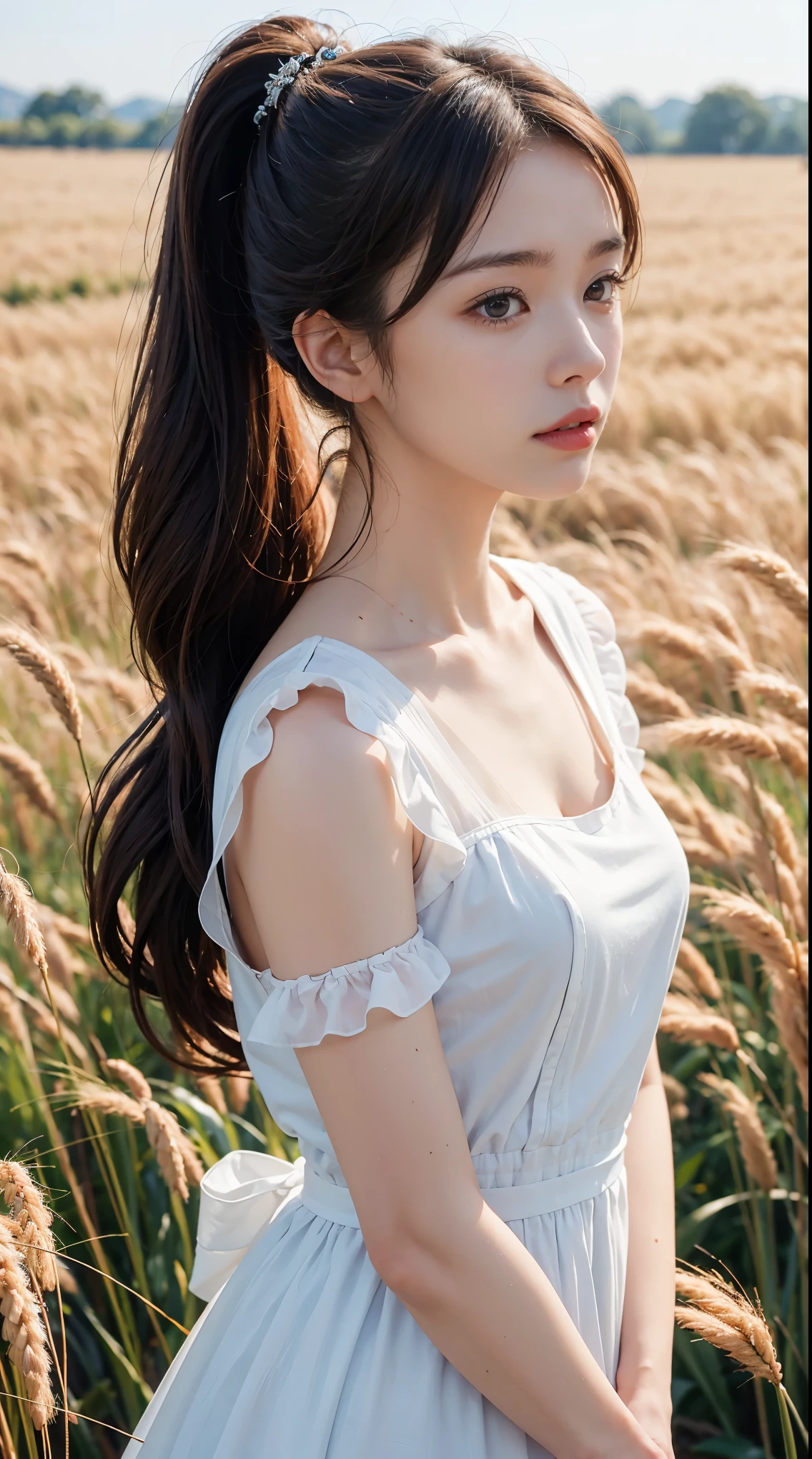 (masterpiece:1.4),, (highest quality:1.4),, Ultra-high resolution,, 8k, CG,, (Very delicate and beautiful:1.2),, , Upper Body,, From the side,, View Viewer,, , One girl,, alone,, Robber Girl,, Mature Girls,, , cute, sweet,, , In the wheat field,, Blurred Background,, , Long brown hair,, ponytail,, , Brown eyes,, Mouth closed,, Red lips,, , Face blown by the wind,, , White Dress,, Medium chest,