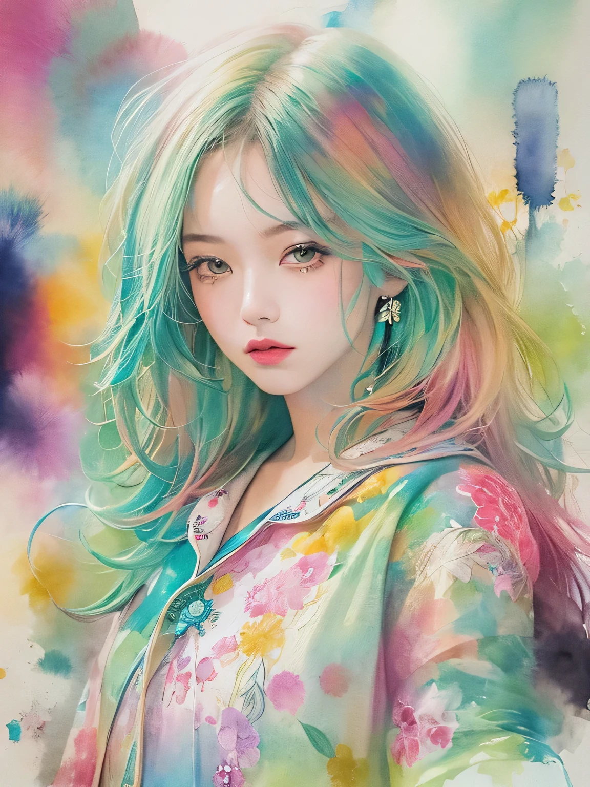 Masayo Style、(((stylish fashion))), 8K Quality、Intense watercolor, Detailed watercolor art, Watercolor splash, Surreal, avant-garde pop art, Beautiful and expressive paintings, Beautiful artwork illustration, Very colorful tones, wonderful, Cool beauty, highest quality、Official Art, Vector art, Stylish design, (((The most beautiful girl))), (((highest quality))), HDR, ((detailed)), (((Doodle Art)), ((masterpiece)), ((Super detailed)), (((Stylish))),