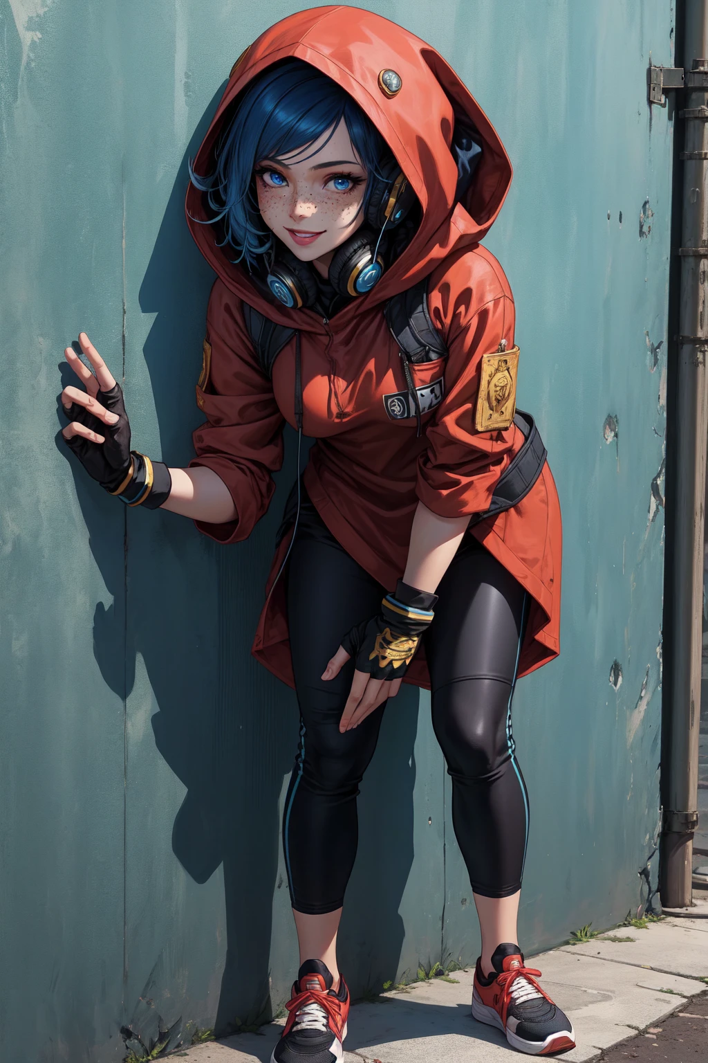 Ava, short blue hair, blue eyes,freckles , standing, leaning on wall, full body, relaxing, smile,  close up, 
AGear,headphones,hood up , fingerless gloves ,pants ,shoes,
outer space, monk temple, 
(insanely detailed, beautiful detailed face, masterpiece, best quality)     