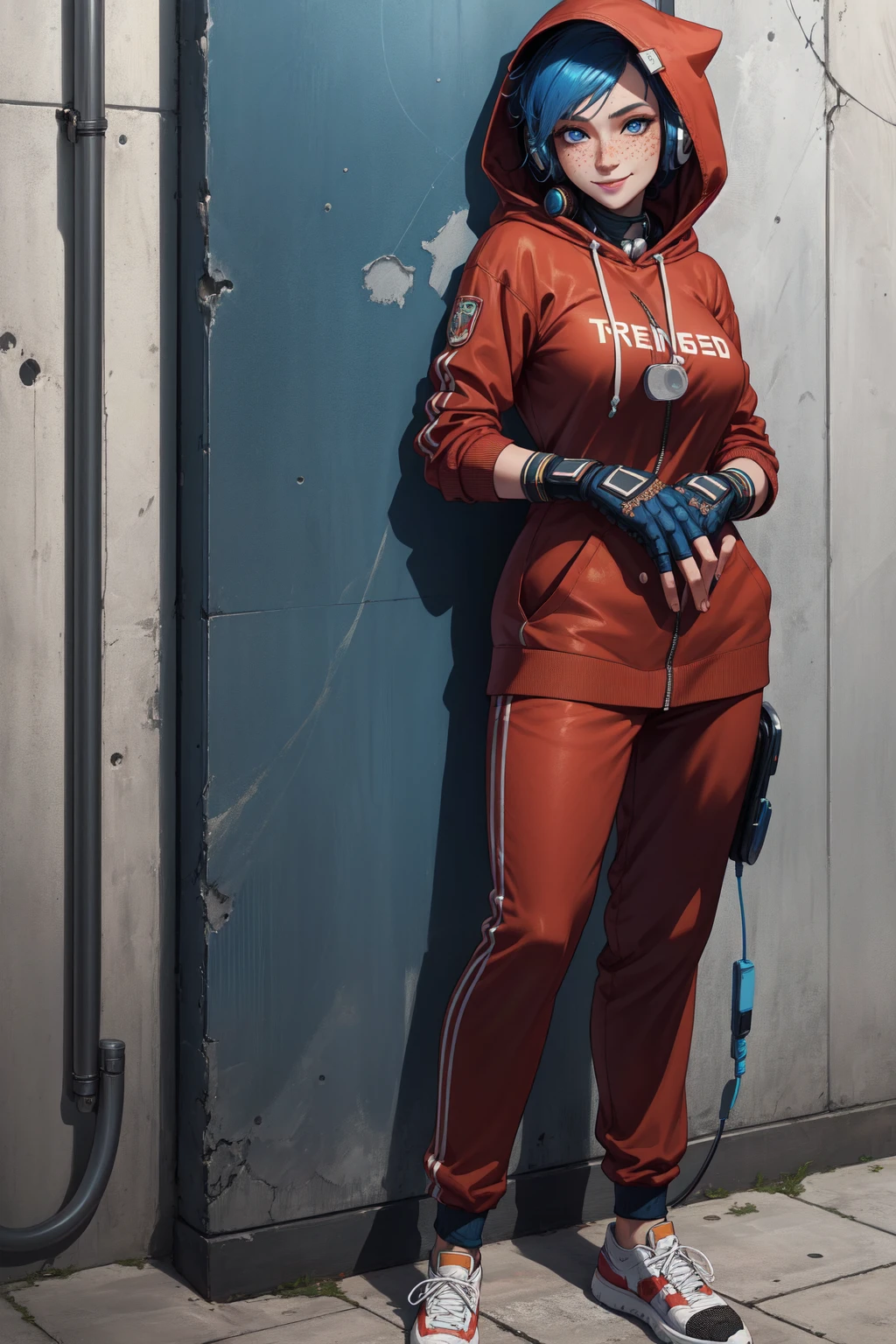 Ava, short blue hair, blue eyes,freckles , standing, leaning on wall, full body, relaxing, smile,  close up, 
AGear,headphones,hood up , fingerless gloves ,pants ,shoes,
outer space, monk temple, 
(insanely detailed, beautiful detailed face, masterpiece, best quality)     