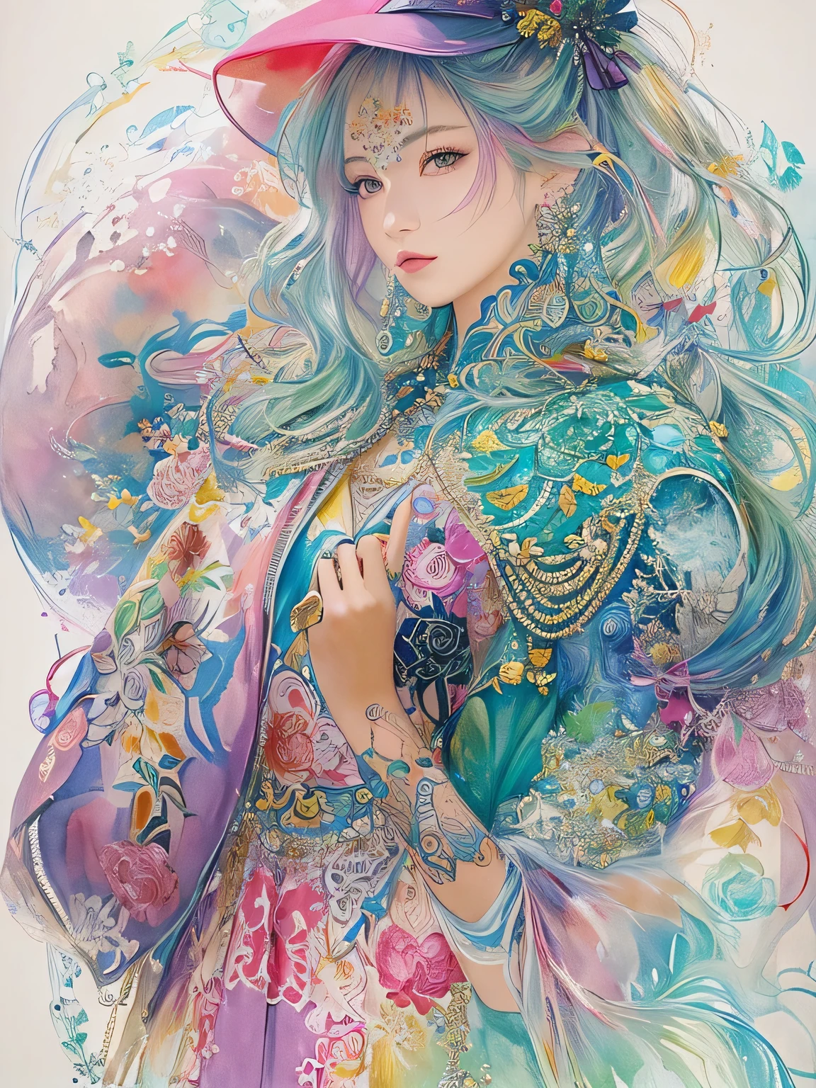Masayo Style、(((stylish fashion))), 8K Quality、Intense watercolor, Detailed watercolor art, Watercolor splash, Surreal, avant-garde pop art, Beautiful and expressive paintings, Beautiful artwork illustration, Very colorful tones, wonderful, Cool beauty, highest quality、Official Art, Vector art, Stylish design, (((The most beautiful girl))), (((highest quality))), HDR, ((detailed)), (((Doodle Art)), ((masterpiece)), ((Super detailed)), (((Stylish))),