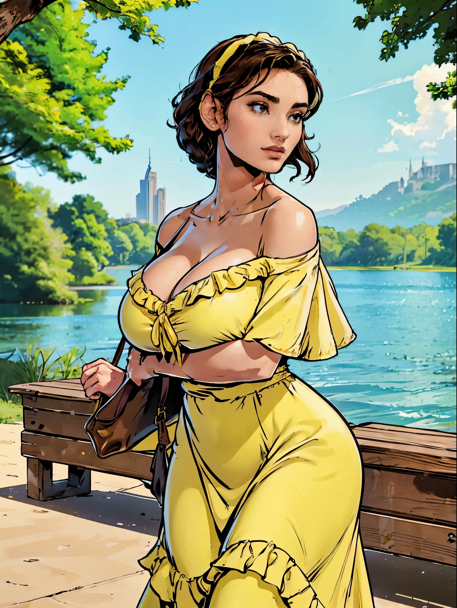 Gorgeous and sultry busty athletic (thin) brunette with sharp facial features and a (large nose) and (huge boobs) wearing a pale yellow off-shoulder ruffled sundress, hairband, long dress, park, lake, picnic