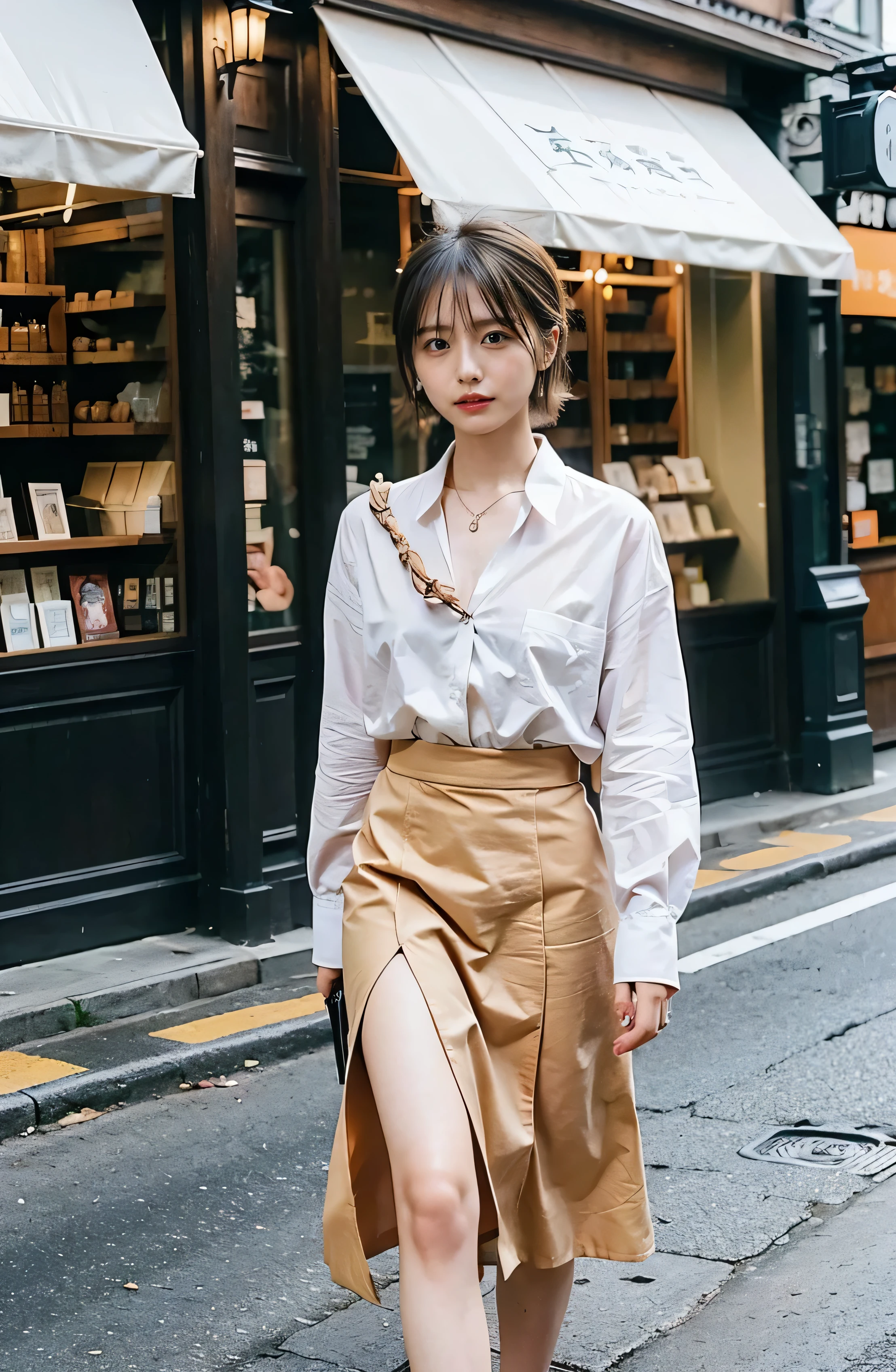 Braided hair only for the bangs、Cowboy Shot、A luxurious white collared silk shirt and brown skirt、Elegant attire、A luxurious bag、In front of a stylish cafe、A lovely smile、（（Nagoya street corner））、Full body photo、ring、Luxurious clothing、Short skirt、Tuck your hair behind one ear、Silver Necklace、smile、 elegant ponytail、Caustics、Highly detailed photos、Very beautiful eyeedium Short Hair、Large Breasts、Super no makeup、(8k、RAW Photos、highest quality、masterpiece:1.2)、(Realistic、Realistic)、1 girl、((Medium Short Hair、Looking into the camera:1.4))、Hair blowing in the wind
