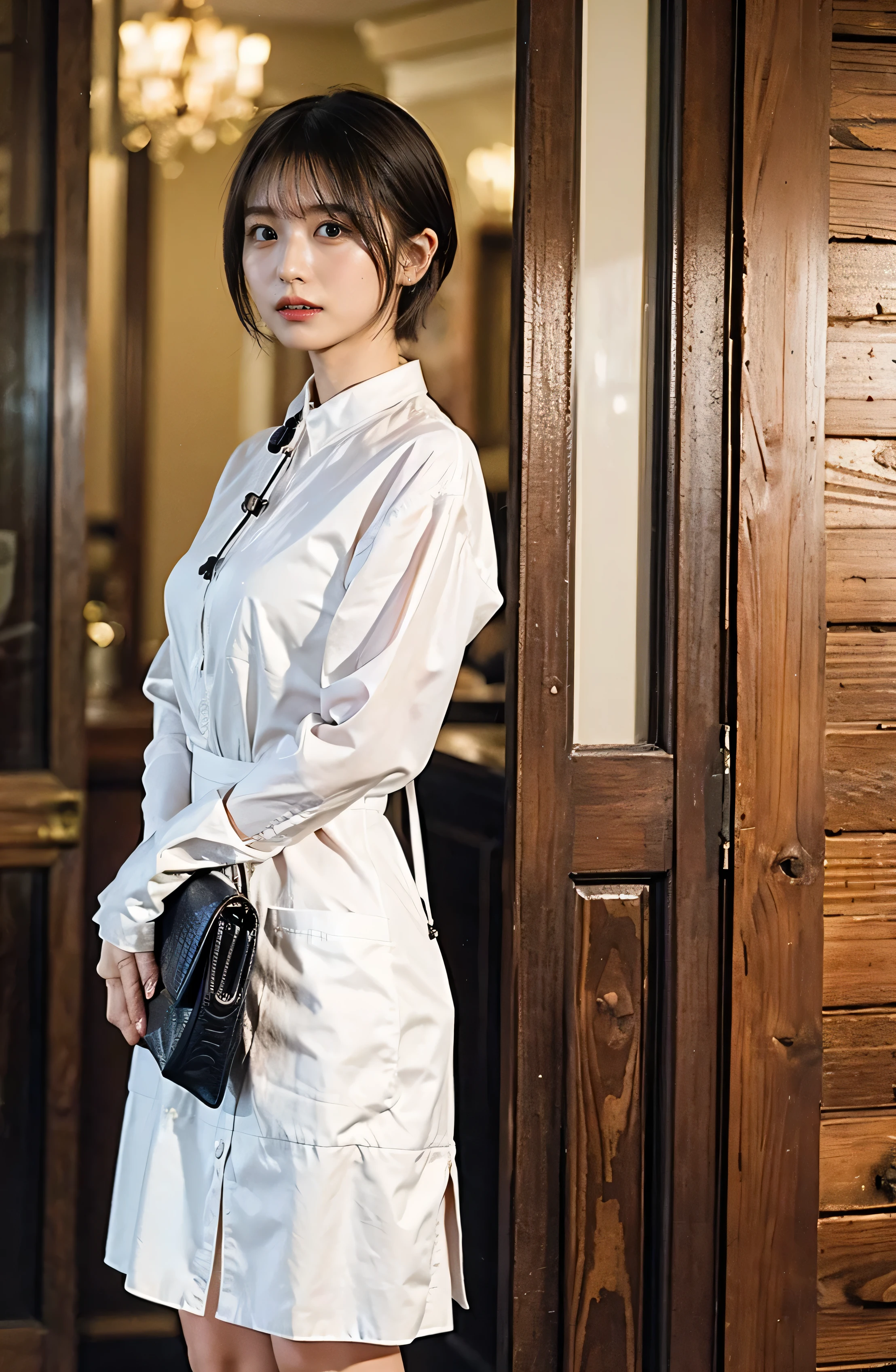 Braided hair only for the bangs、Cowboy Shot、A luxurious white collared silk shirt and brown skirt、Elegant attire、A luxurious bag、In front of a stylish cafe、A lovely smile、（（Nagoya street corner））、Full body photo、ring、Luxurious clothing、Short skirt、Tuck your hair behind one ear、Silver Necklace、smile、 elegant ponytail、Caustics、Highly detailed photos、Very beautiful eyeedium Short Hair、Large Breasts、Super no makeup、(8k、RAW Photos、highest quality、masterpiece:1.2)、(Realistic、Realistic)、1 girl、((Medium Short Hair、Looking into the camera:1.4))、Hair blowing in the wind
