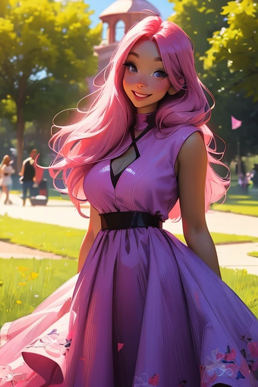 A pink haired woman with violet eyes with an hourglass figure in a summer dress is posing in the park with a smile