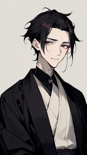 Black kimono from the Taisho period、（Pale-faced man）、（A handsome man who is emaciated due to illness）、Upper Body、Black Hair、looking at the camera、Sad Smile