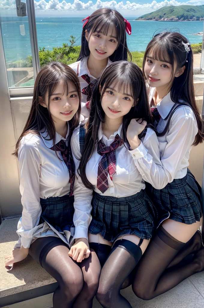 (Highschool girls inside suite room:1.4, , cute faces:1.5, triangular face, sitting on gorgeous bed), looking at viewer, ((embarrassed:1.3, smile:1.1)), shy smile, open mouth, silky skins, natural makeup, glossy lips, group shot, (sexual suggestive:0.7), (identical school uniform:1.5, white shirt open chest, see through , both hand on breast:1.24), (naked :0.2), (3 girls:1, perfect style, full body), ((slender body)), (pleated plaid skirt, show panties), (raw photo:1.4),(( legs wide open, ribbons, pantyhose:1.2)), (gentle light, 16k wallpaper, raw photo, idol), BIBE, (wide window with ocean scenery, expensive furniture:1.3, sheets on floor:1.4, flowers in planter), (very huge round breasts)