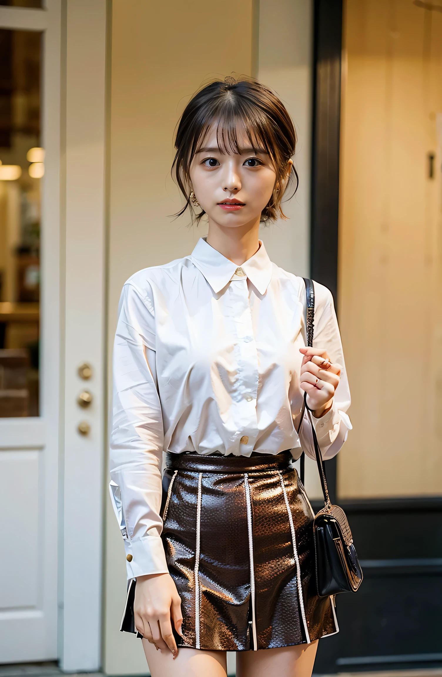 Braided hair only for the bangs、Cowboy Shot、A luxurious white collared silk shirt and brown skirt、Elegant attire、A luxurious bag、In front of a stylish cafe、A lovely smile、（（Nagoya street corner））、Full body photo、ring、Luxurious clothing、Short skirt、Tuck your hair behind one ear、Silver Necklace、smile、 elegant ponytail、Caustics、Highly detailed photos、Very beautiful eyeedium Short Hair、Large Breasts、Super no makeup、(8k、RAW Photos、highest quality、masterpiece:1.2)、(Realistic、Realistic)、1 girl、((Medium Short Hair、Looking into the camera:1.4))、Hair blowing in the wind
