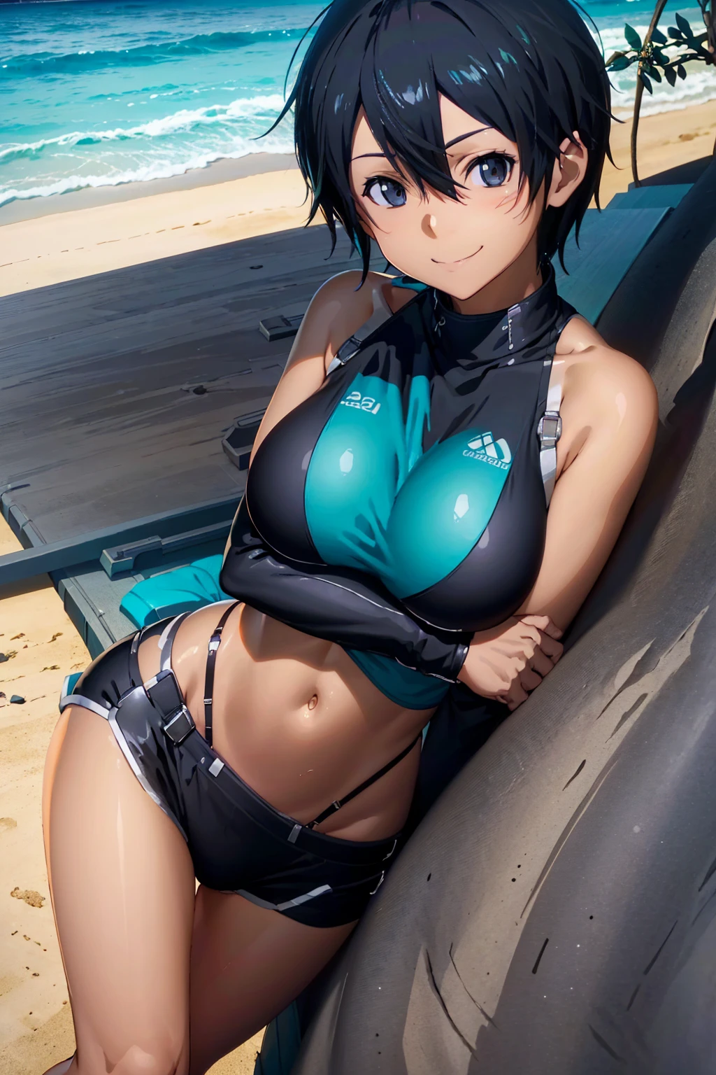 Kirito, Blushing smile in bikini lying alone on the beach, big breasts breast enlargement breasts pumped up looking at camera full-body shot illustration, ultra-detailed, HDR, vibrant colors, soft lighting high quality and super detailed
