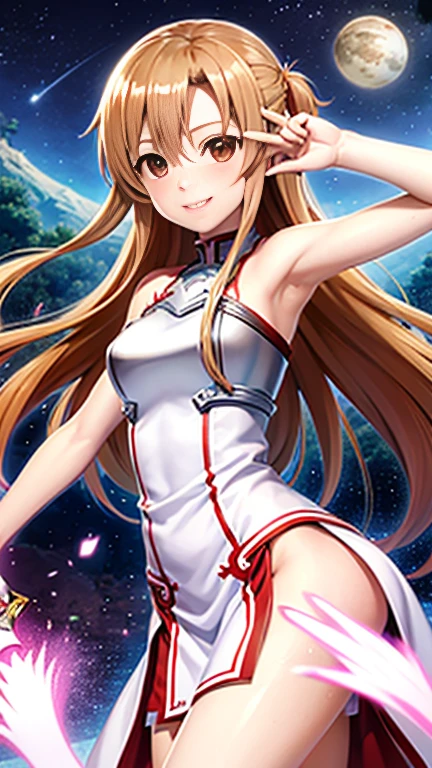 Pechos grandes Asuna,sonrisa ligera,criado sexy,La espada,sosteniendo un arma,vestidos blancos,Armadura,pelo flotante,falda roja,con una espada,brazo hacia afuera,La mejor calidad en el mejor de los casos.,cartel para