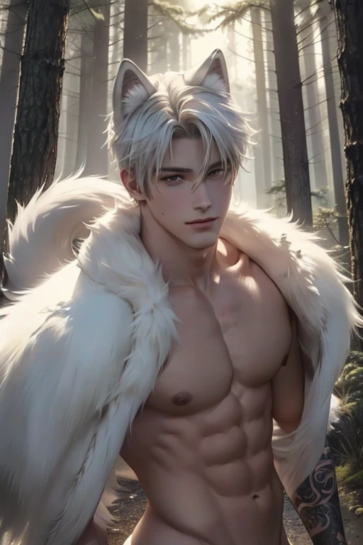 Full Body photorealistic 4k, high resolution, Cody Christian,,best quality, masterpiece, perfect color, perfect shade, perfect lighting, Posted by e621, ((portrait)), ((handsome man)), perfect male figure, Short hair details,Naked and nude torso,Detailed face, perfect face, (stood up), Detailed background, ((Bonifasco Lighting)), (delicate eyes),(animal ears white wolf),((big fluffy tail)),tattoo,((forest)),emaciated. Smiling , detailed perfect penis and scrotum.