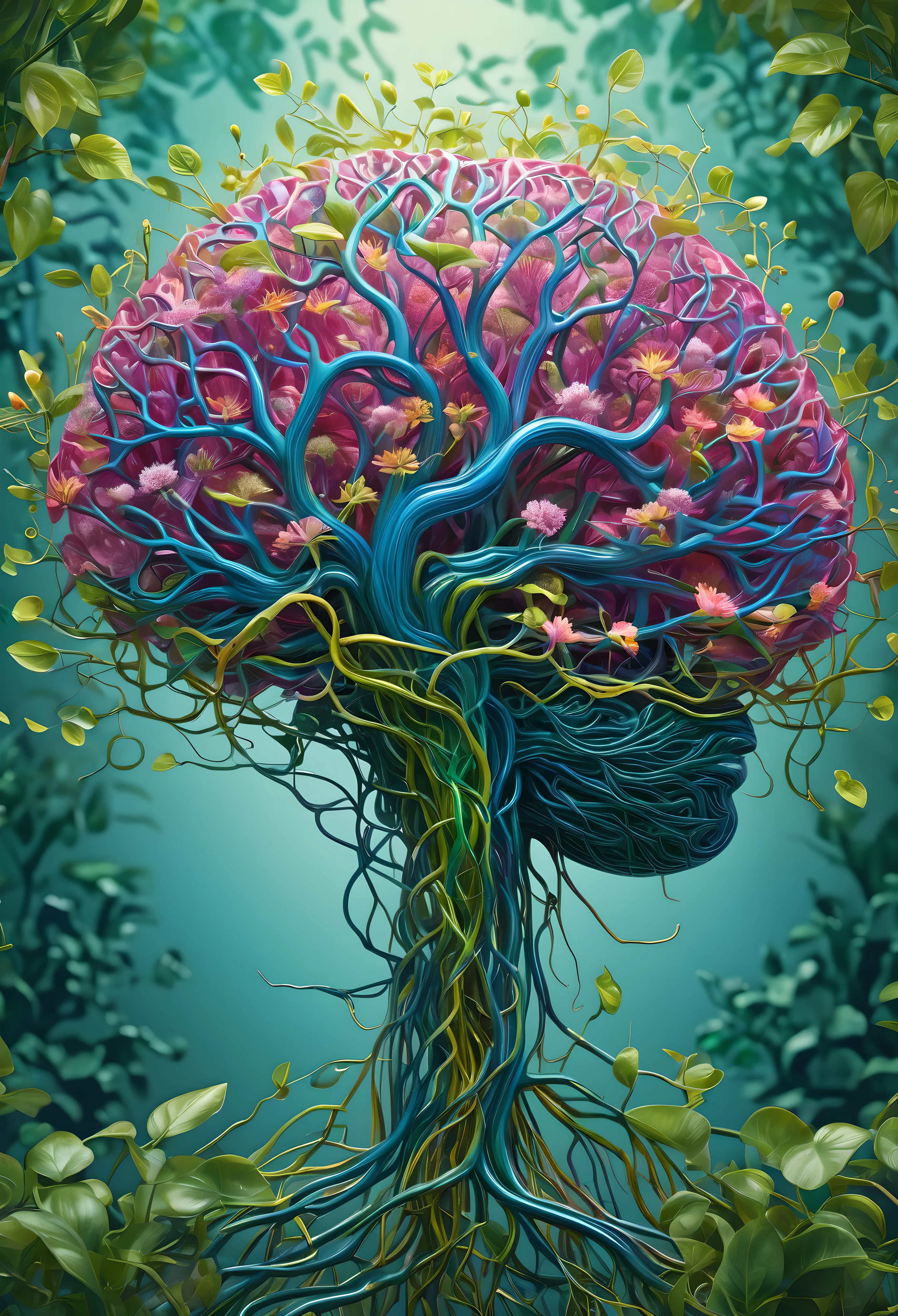 A mesmerizing digital illustration of a human brain. The brain CONSISTS ENTIRELY OF intricately woven with trees, vines, and flowers, which are sprouting from the brain stem, creating a surreal and organic fusion of nature and intelligence. The vines branch out, forming complex neural networks that are translucent and extend into the surroundings. The brain is depicted without bones and skin, purely composed of the vegetation, showcasing the interconnectedness of nature and human cognition. The illustration is rendered with extreme detail, capturing every intricate texture of the trees, vines, and flowers, creating a visually stunning masterpiece. The colors of the illustration are vivid and vibrant, with a color palette dominated by various shades of green and violet, representing growth, life, and harmony. Some flowers bloom in vibrant hues of pink, blue, and yellow, adding pops of color to the overall composition. It is a true masterpiece of digital art. (best quality, ultra-detailed, realistic, digital illustration:1.2), vibrant colors, soft lighting.