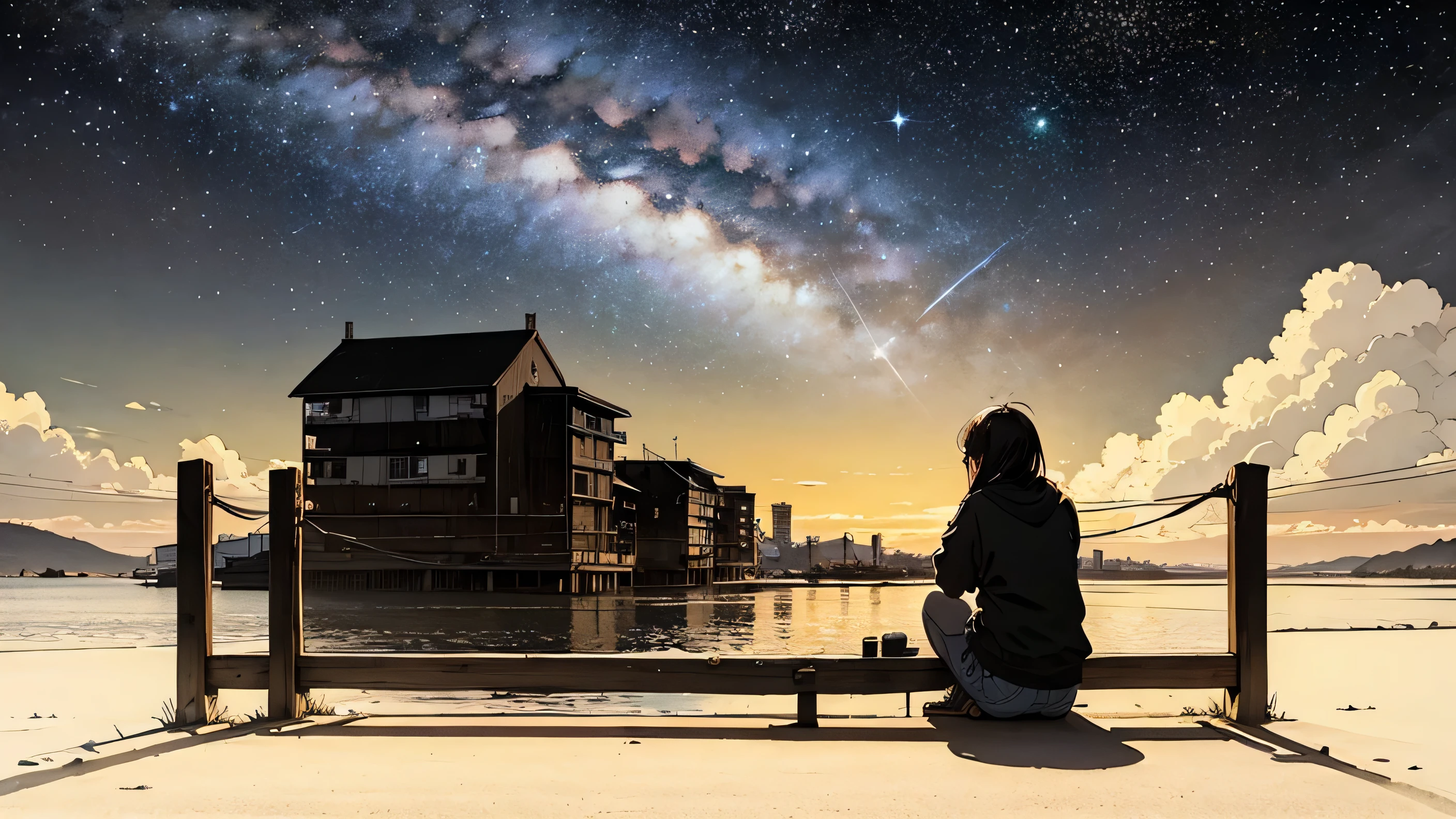 1 girl, 90s anime style,Octane, null, star (null), scenery, starry null, night, night null, alone, (Back view), Perfect hands, Outdoor, building, cloud, milky way, Sitting, wood, Country town, silhouette, Cityscape