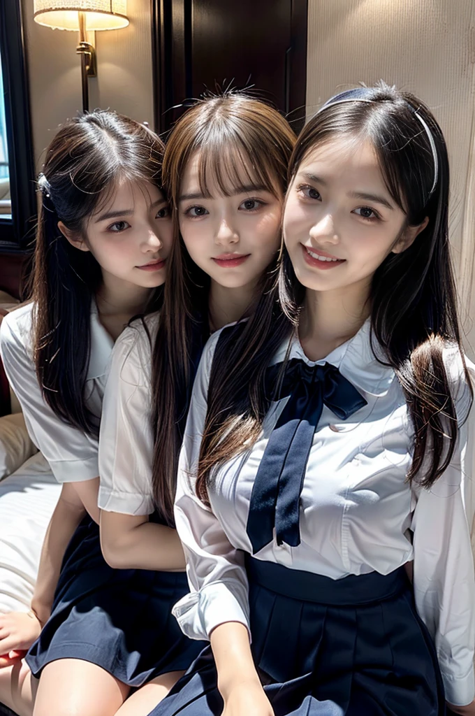 ((Four schoolgirls sitting on bed,Sit across from me,Look at me affectionately fascinated、Enraptured look,Trance,Everyone sees the camera perfectly,1 beautiful girl who is half Spanish,a blond,Brown hair,A dark-haired,photoRealstic,Luxury hotel bed taken from the lap,Same uniform,japanese,4 schoolgirls,Play with each other,Touching each other's bodies,Touching the body of the girl next door,4 Close contact,Very hilarious pose)),(Navy blue skirt in a sailor suit、Red ribbon and white shirt,Same ,large full breasts,very huge round breasts,Beautiful makeup,glitter makeup,Cutest 18 years old)),((Realistic lighting,during daytime,The background is a luxury hotel room,A detailed face,perfect teeth,White teeth,finerly detailed face,Beautiful face,an ecstatic look on one's face,Perfect fingers,Accurate 5 fingers,high-definition RAW color photography, professional photograpy, extremely delicate and beautiful, Extremely detailed,finely detail, Huge file size,Top image quality,8K))