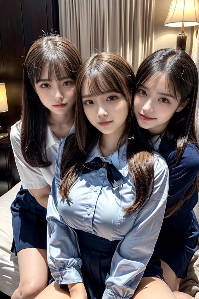 ((Four schoolgirls sitting on bed,Sit across from me,Look at me affectionately fascinated、Enraptured look,Trance,Everyone sees the camera perfectly,1 beautiful girl who is half Spanish,a blond,Brown hair,A dark-haired,photoRealstic,Luxury hotel bed taken from the lap,Same uniform,japanese,4 schoolgirls,Play with each other,Touching each other's bodies,Touching the body of the girl next door,4 Close contact,Very hilarious pose)),(Navy blue skirt in a sailor suit、Red ribbon and white shirt,Same ,large full breasts,very huge round breasts,Beautiful makeup,glitter makeup,Cutest 18 years old)),((Realistic lighting,during daytime,The background is a luxury hotel room,A detailed face,perfect teeth,White teeth,finerly detailed face,Beautiful face,an ecstatic look on one's face,Perfect fingers,Accurate 5 fingers,high-definition RAW color photography, professional photograpy, extremely delicate and beautiful, Extremely detailed,finely detail, Huge file size,Top image quality,8K))