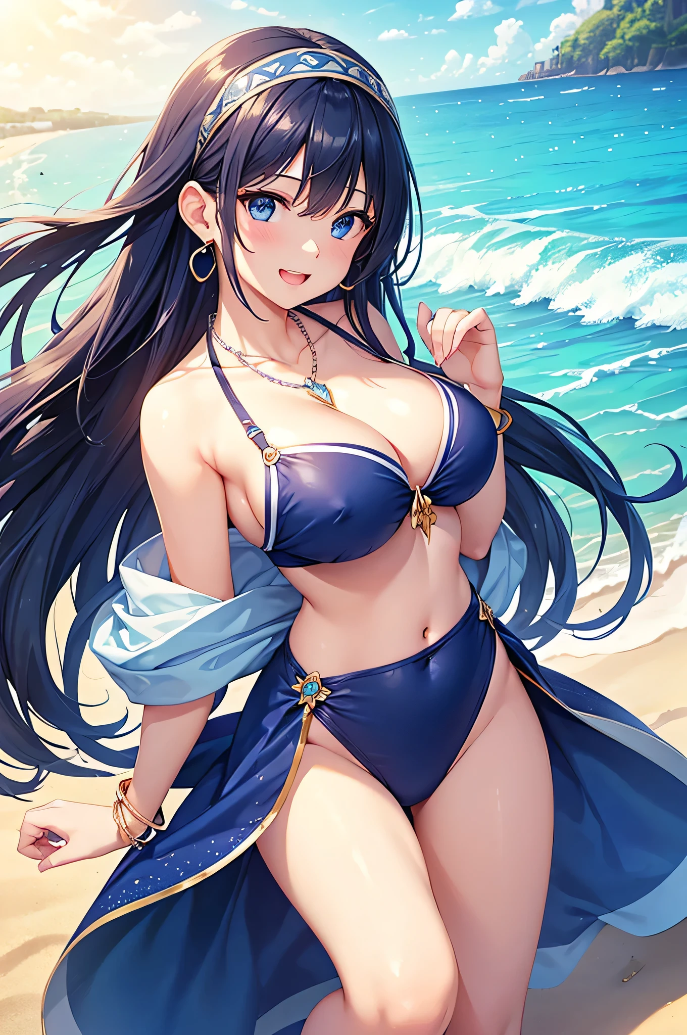 highest quality、Best image quality、masterpiece、beautiful girl、Navy blue long hair、blue eyes、Navy Blue Bikini、Big cleavage、(Big Breasts)、smile、blue necklace、Blue Earrings、background(Beach)、Sexy pose、Please open your mouth wide、White headband、angle(From the side)、bracelet