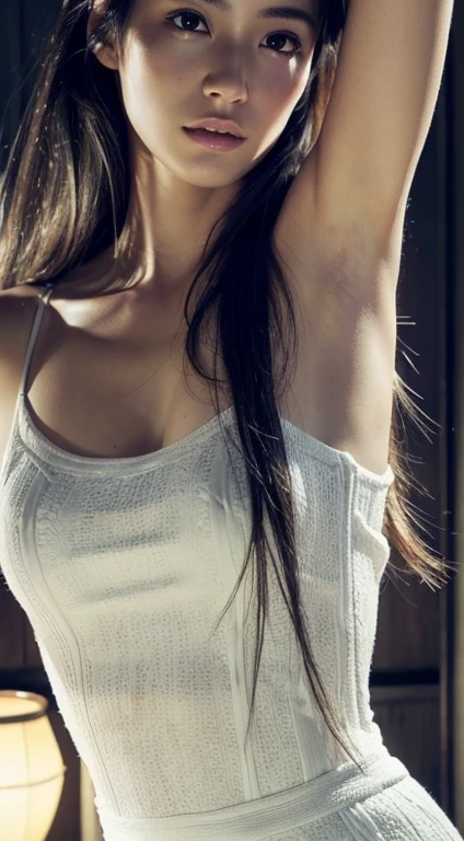 Dressed, (photo Realistic:1.4), (hyper Realistic:1.4), (Realistic:1.3), (Smoother lighting:1.05), (Improving the lighting quality of movies:0.9), 32k, One girl,20 year old Japanese girl, Realistic lighting, Backlight, Light on the face, Ray-tracing, (Bright light:1.2), (Improvement of quality:1.4), (Highest quality real texture skins:1.4), Detailed drawn eyes, Detailed painted face, Quality Eyes, (Tired, sleepy and satisfied:0.0), (Enhance the mood of your body line:1.1), (Enhances the beauty of skin texture:1.1),((Show your armpits)),((A little armpit hair growing)),((Close-up in the armpits)),((Detailed armpit))