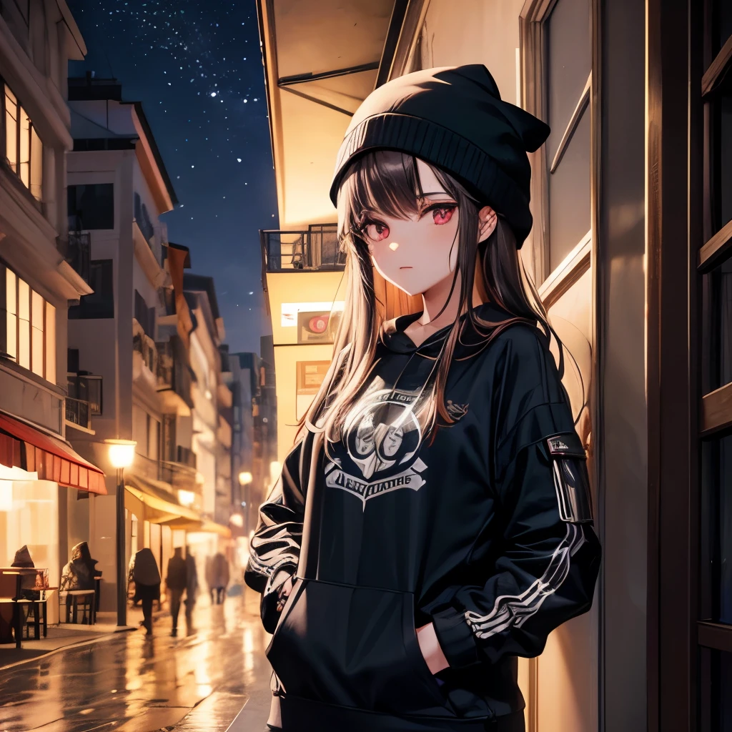 Na sacada de um apartamento, encontra-se uma adolescente de beleza cativante. Her skin is a light tone and her expression is highlighted by her bright red eyes.. She wears black cargo pants, enquanto um moletom da mesma cor cobre seu corpo. Seus cabelos castanhos caem em suaves ondas sobre os ombros. A black mask adorns his face, further highlighting its mysterious presence. With one hand in your sweatshirt pocket, She observes the night scene made up of several buildings in the distance. The atmosphere is lively, mas com um toque de realismo, where every detail is carefully represented in this fanart. Em estilo de 2d