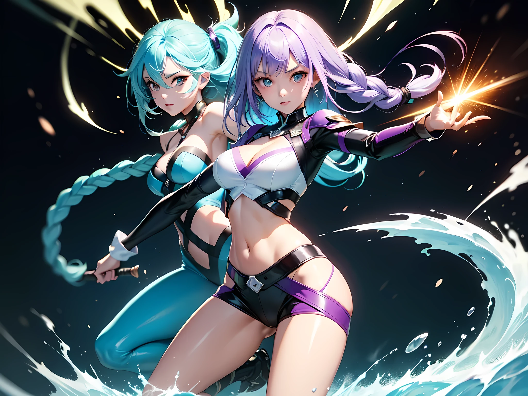 best quality, 32k, high-definition art, high resolution, ultra-detailed, extremely detailed, top quality, ultra quality, multiple girls, navel, 2girls, cleavage, medium breasts, intense action, 
BREAK
a Cryptic Girl:(Purple White Gradient Long Twin Braided Hair:1.2), 
BREAK
a SeaArt Girl:(Cyan Tornado Hair:1.2), 
BREAK
multiple girls, weapon, midriff, sword, cyber costume, SF costume, sparkle, flash, colored skin, action pose, dynamic pose, action pose, heroic pose