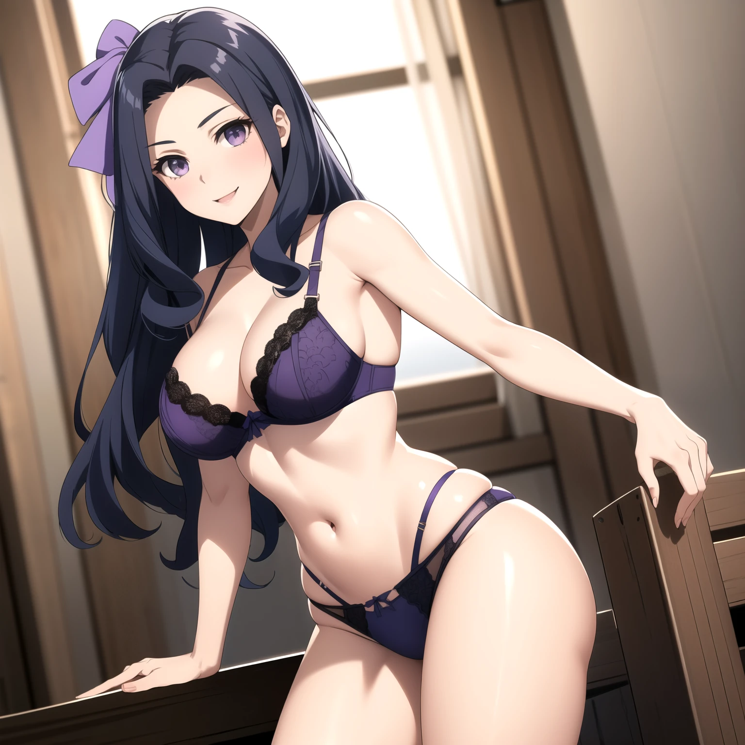 (mesa),(mejor calidad), misato katsuragi, 、Colosal 、Sexy underwear with less area.、sentado con las piernas abiertas en una silla、 Separa las piernas、Brown eyes,  collar con una cruz,     Mirada persistente, ojos afilados, Separa las piernas、abre la entrepierna、sexy lingerie