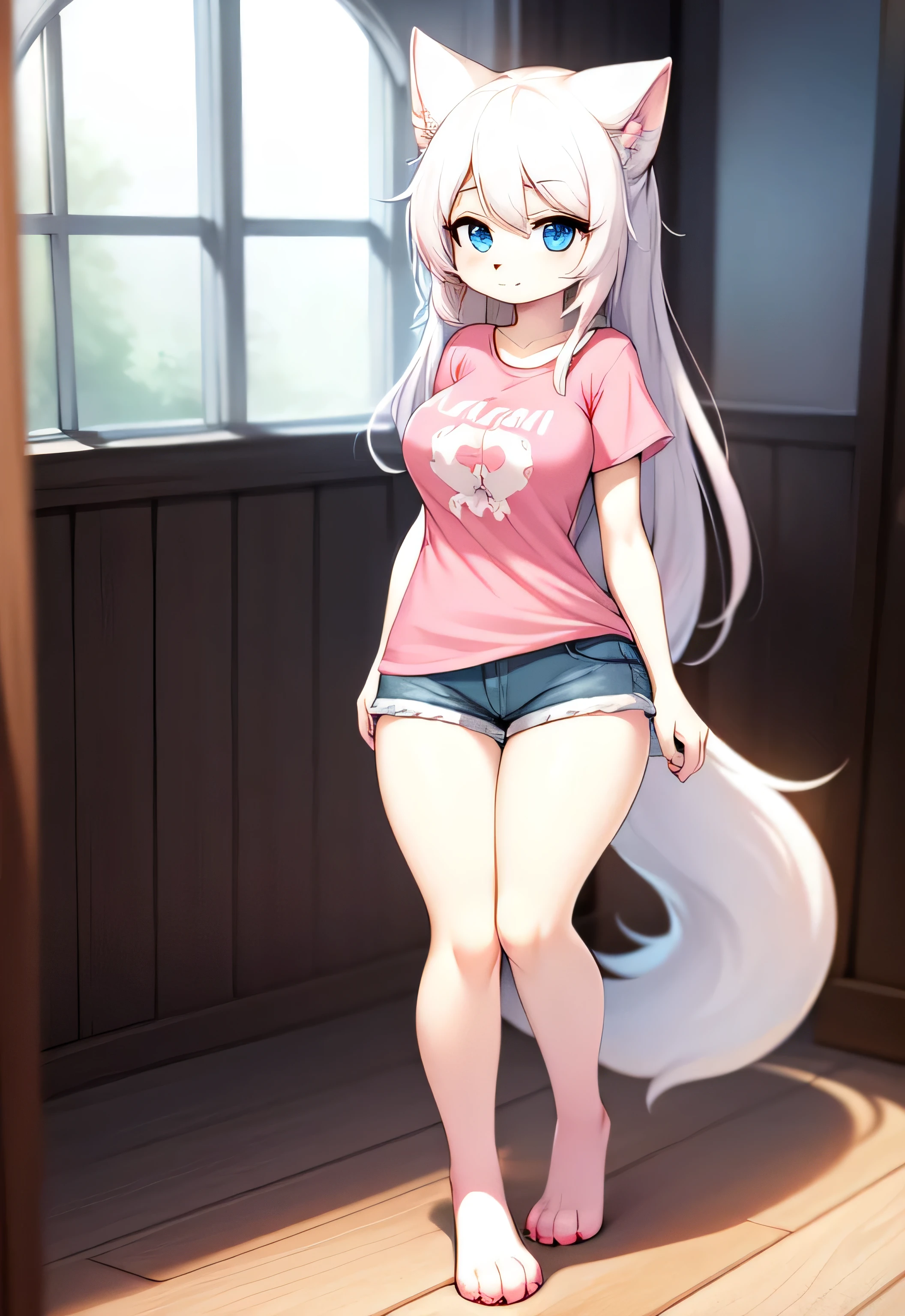 female, long hair, furry, short, white fur, ultra cute face, light blue eyes, white hair (((light pink casual t-shirt))), beautiful lights and shadows, ambient light, ultra detailed hair, volumetric light, [[[breasts]]], (((full body view))), paws, extremely detailed thighs, (((casual blue short))), furry, white fur, warm house background, extremely detailed background, night, [seductive pose]