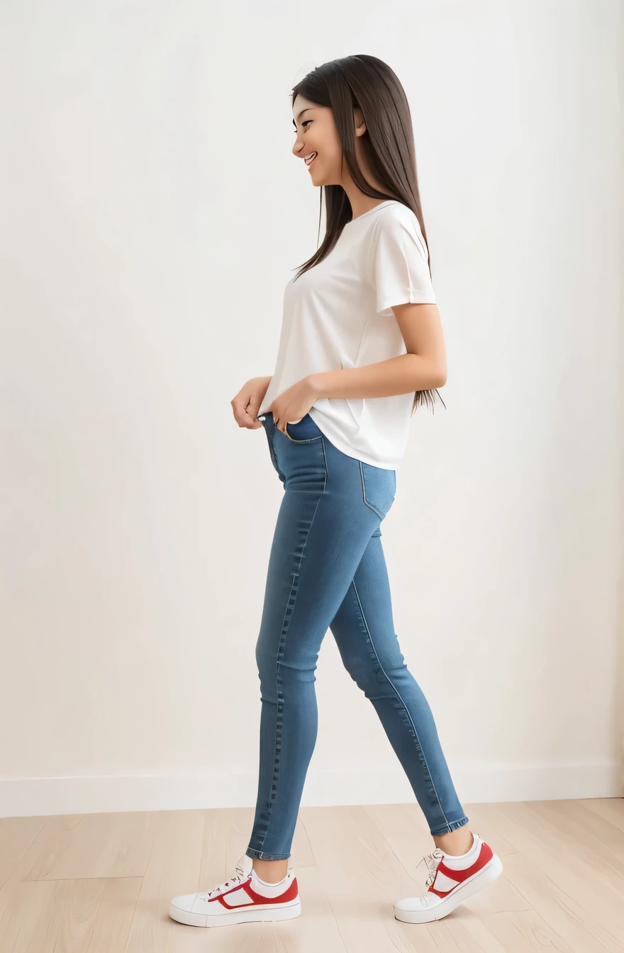  Walking in jeans on a white background, （Longtop）（Flat Chest：1.66），（Flat Chest），(1７Year old girl：1.66) ，Black Hair，（smile：1.37）, （White sneakers：1.38）,(Pink Longtop)，Profile portrait of a girl walking, Full body cute young woman, Side view of her taking a step, Standing girl, Cute Girl's, Go right, Full body image, Looking at the camera