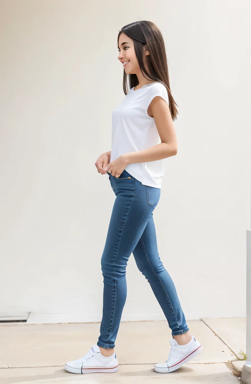 Walking in jeans on a white background, (Longtop)(Flat Chest:1.66),(Flat Chest),(17Year old girl:1.66) ,Black Hair,(smile:1.37), (White sneakers:1.38),(Pink Longtop),Profile portrait of a girl walking, Full body cute young woman, Side view of her taking a step, Standing girl, Cute Girl's, Go right, Full body image, Looking at the camera