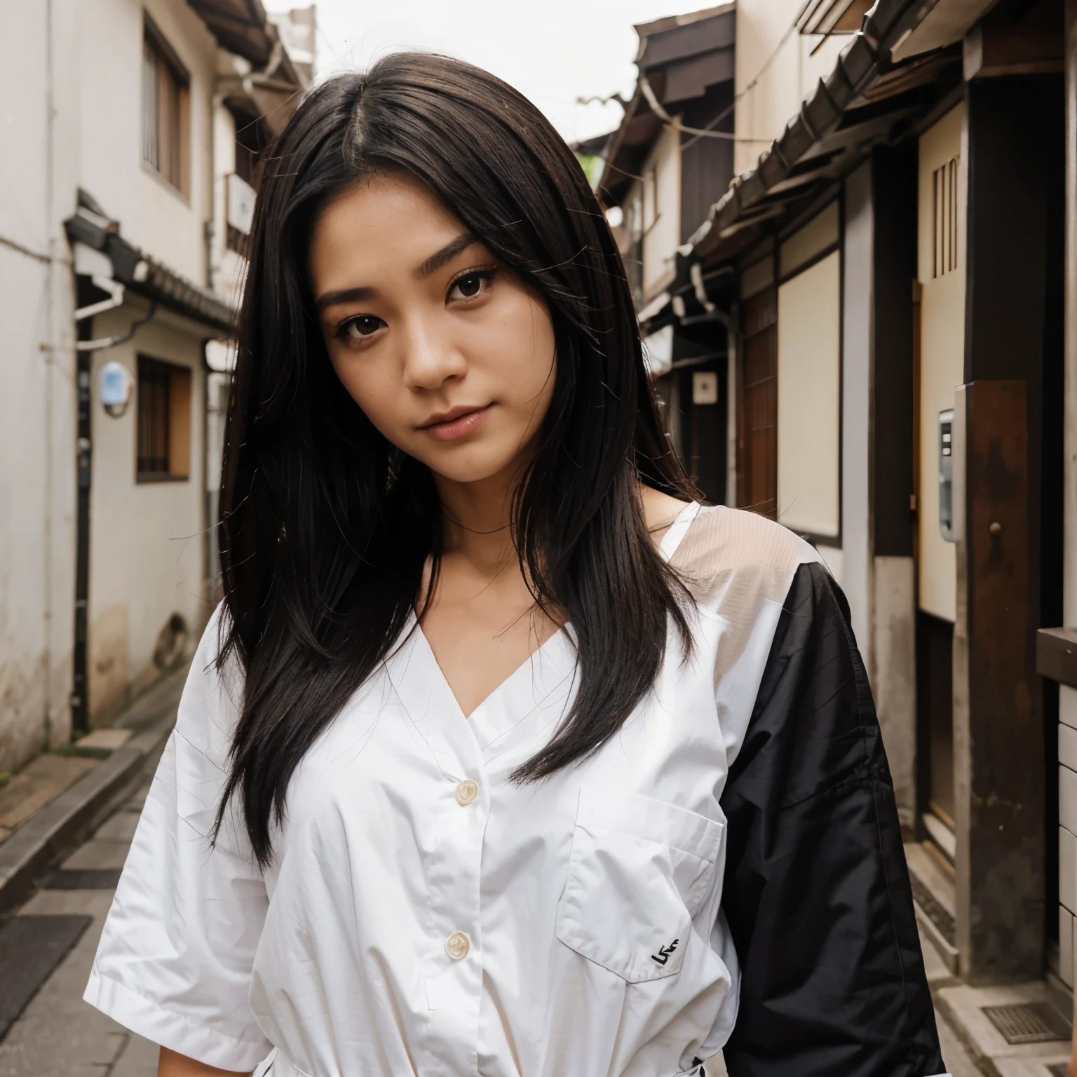 Uma japonesa cabelo preto liso e peituda