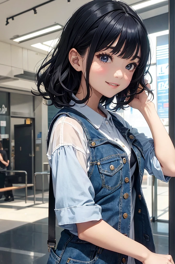 (masterpiece, best quality:1.1),popart style,flat color,({Mia},1girl,japanese,tween,beautiful detailed face,(navy hair),((wavy-short hair)),parallel eyebrows,navy eyes with large irises,blunt bangs,small nose, fresh lips,small breasts,(5feet tall)),. BREAK.enjoy travel,(Hollywood),LosAngeles, beautiful detailed scenery,very happy,smile,,. BREAK. ,Flowy sundress,denim vest,dynamic angle,photographic portrait, sharp,