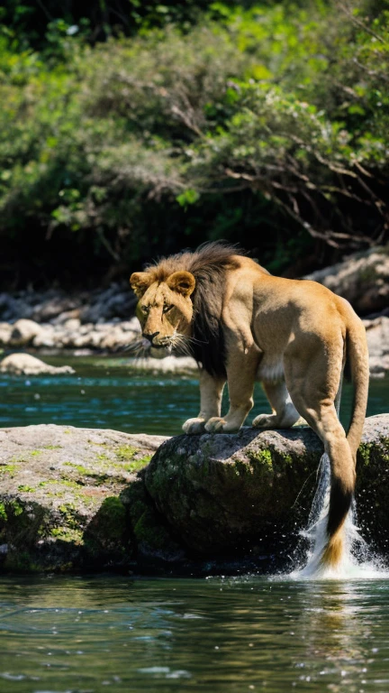 A beautiful cute lion hunting fish on the river with lots of fish, Cute lion hunting fish at the river, lion catching the fish on the beautiful clear river water with trees in the beautiful forest, ((dramatic, RAW photo, very real, 8k uhd, high quality, best quality, Masterpiece, profesional photo, photorealistic, rich of detail, film grain, Fujifilm XT3, natural color image ))
