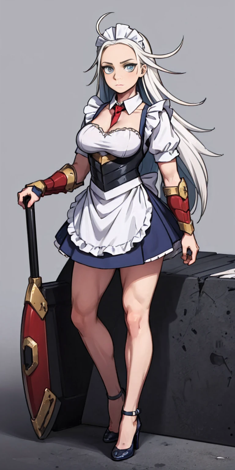 Female, standing, straight, long_hair, messy_hair, white_hair, maid with armor, metal high heels