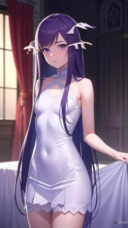 quinella, quinella, absurdly pelo largo, (ojos morados:1.1), pelo largo, flequillo partido, cabello purpura, very pelo largo, adorno para el pelo,
ROMPER dress, Vestido morado, ribcama dress, mangas separadas, sin mangas,
ROMPER indoors, cama,
ROMPER looking at viewer, (tiro de vaquero:1.5),
ROMPER (obra maestra:1.2), mejor calidad, high resolution, fondo de pantalla de unidad 8k, (ILLUSTRATION:0.8), (Hermosos ojos detallados:1.6), cara extremadamente detallada, perfect lighting, CG extremadamente detallado, (manos perfectas, perfect anatomy),