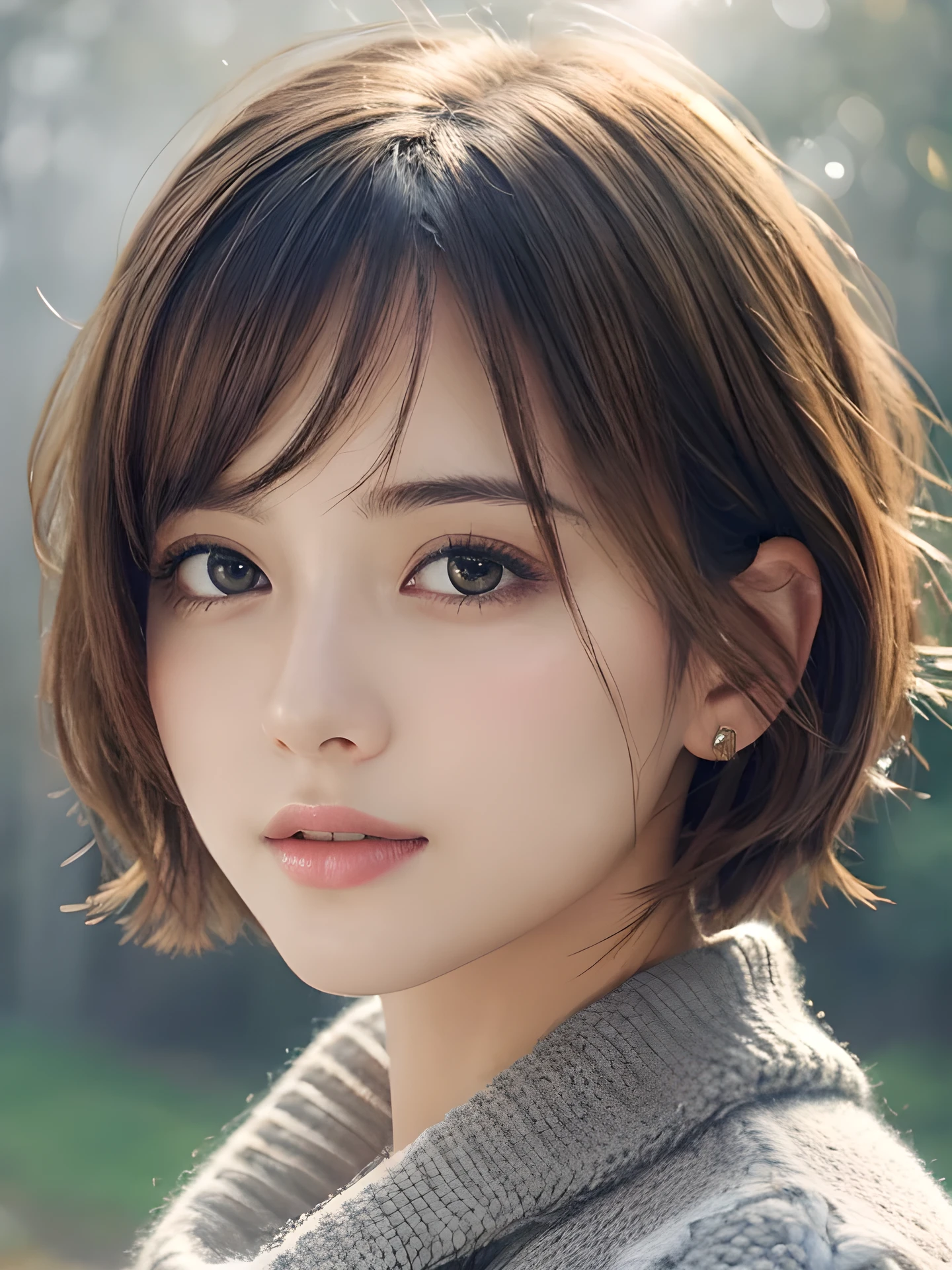 asterpiece, highest quality, High resolution, wallpaper, realistic, (bright lighting:1.4), professional lighting, face light, smooth lighting, (shoot from front:1.8), 1 girl, closeup-face, cute, sleepy, open mouth to say something, shy, Beautiful girl, gravure, sexy, super beautiful, beautiful skin, beautiful and detailed eyes、detailed face、slim、moderately, short hair, brunette colored hair, brown eyes, Professional Photography, Bokeh, Portrait, The morning sunlight shines through the misty forest path. sweater,