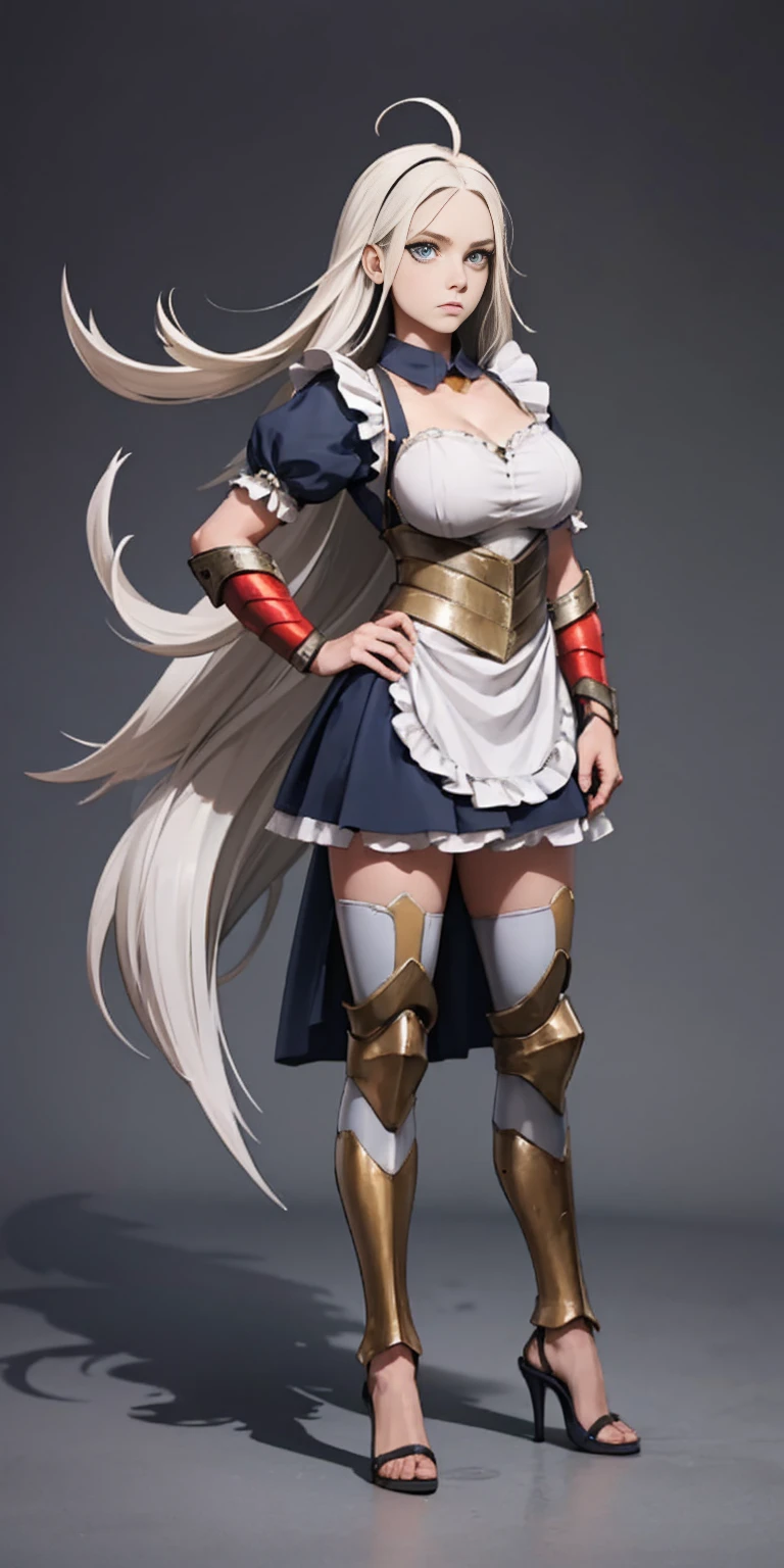 Female, standing, straight, long_hair, messy_hair, white_hair, maid with armor, metal high heels