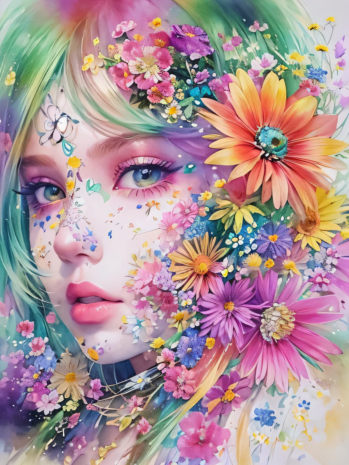 Masayo Style、(((stylish fashion))), 8K Quality、Intense watercolor, Detailed watercolor art, Watercolor splash, Surreal, avant-garde pop art, Beautiful and expressive paintings, Beautiful artwork illustration, Very colorful tones, wonderful, Cool beauty, highest quality、Official Art, Vector art, Stylish design, (((The most beautiful girl))), (((highest quality))), HDR, ((detailed)), (((Doodle Art)), ((masterpiece)), ((Super detailed)), (((Colorful flowers))),(((Stylish))),