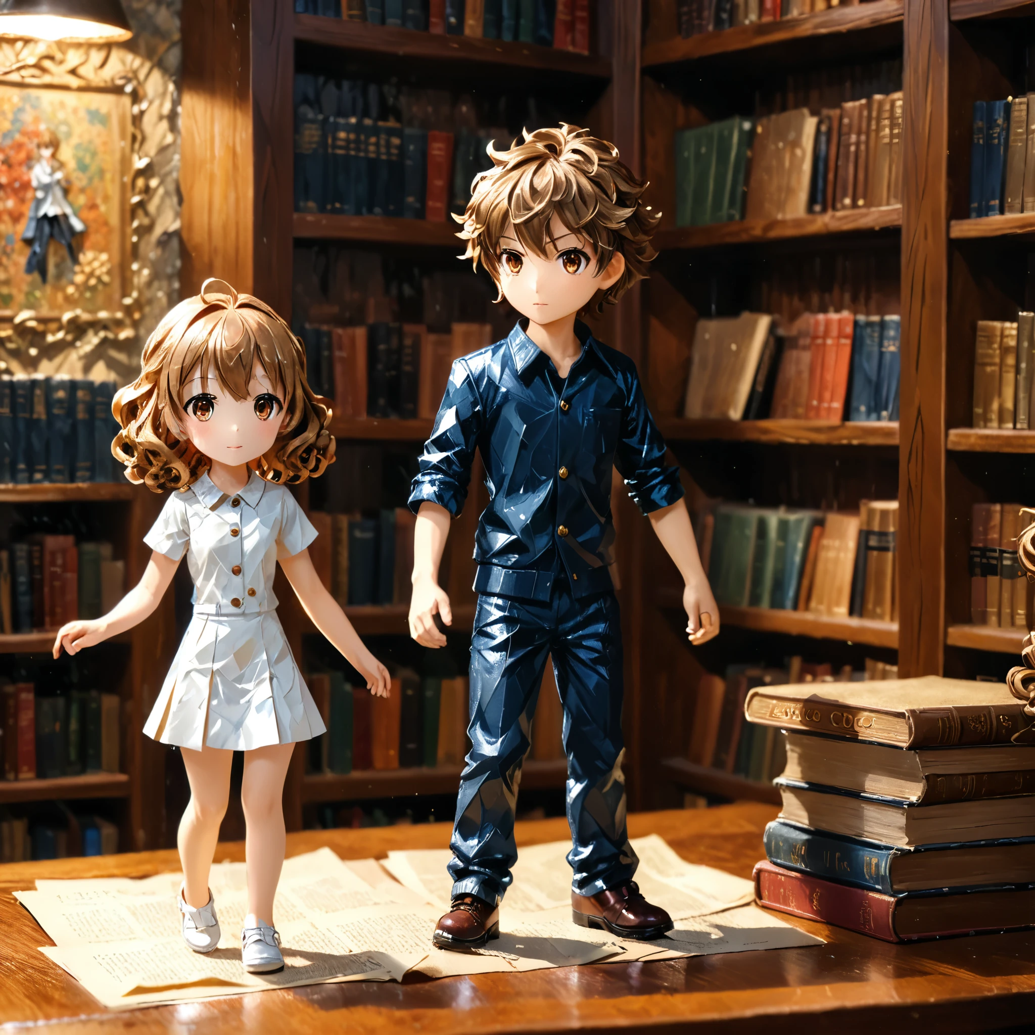Dynamic Action,in style of Takeshi Obata,front view,full_shot,(illustration),(paper figure),(lococo),((impasto)),(shiny skin),
JK GIRL,1boy,curly hair,library background,absurdres,Cinematic Lighting,reality,realistic,